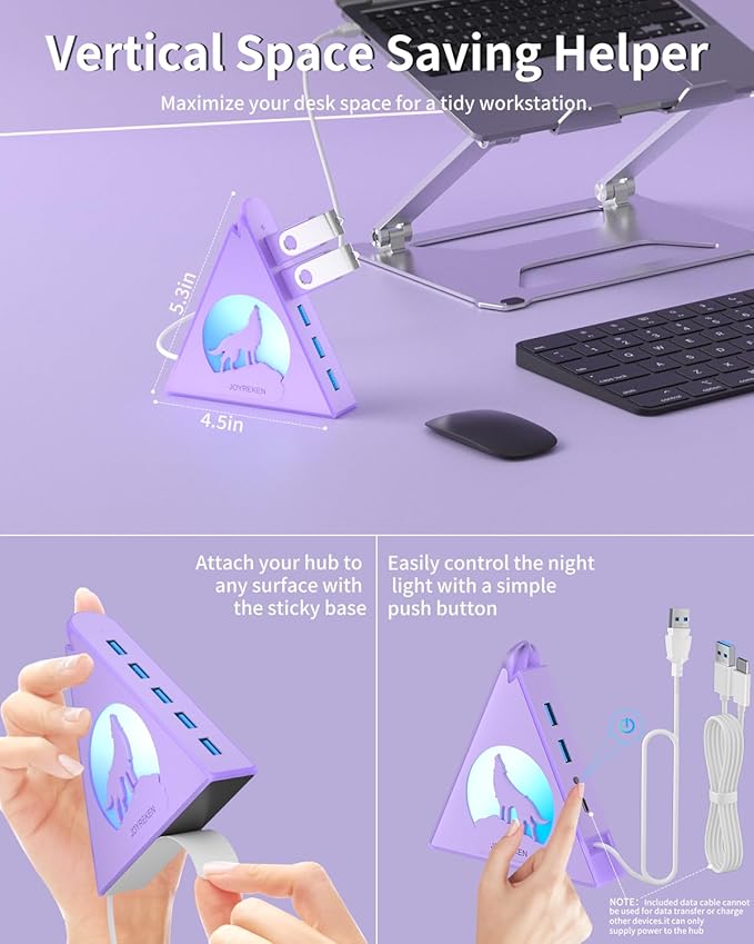 USB 3.0 Hub 7 Port, Vertical USB Splitter with RGB Lighting, 5Gbps High-Speed Data Transfer, 2FT Extension Cable, Tower USB Hub for PC, Laptop, MacBook, PS5, Xbox, Flash Drive, Printer (Light Purple)