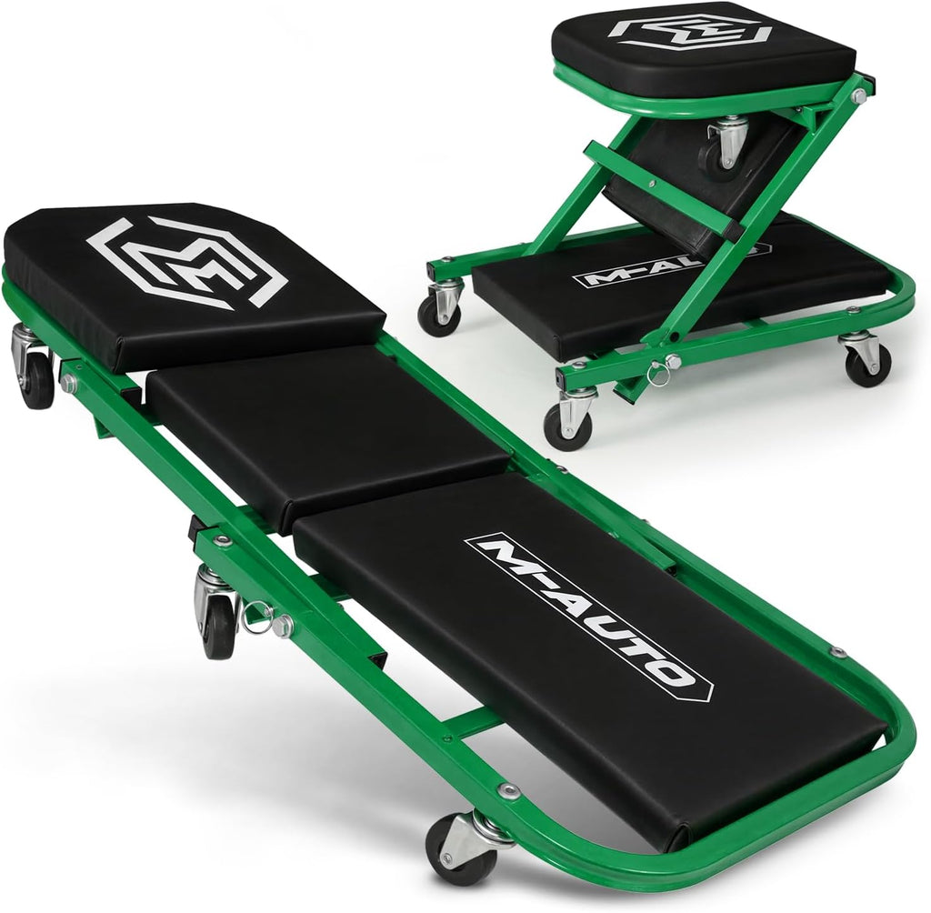 M-AUTO 40-Inch Folding Creeper Rolling Seat, All-in-One Adjustable Roller Garage Chair, Lay Down or Sit, 330LBS Capacity Under Car Roller Creeper with 6 Swivel Casters, Green
