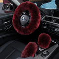 3Pcs Set Fashion Fluffy Fuzzy Wool Fur Soft Car Steering Wheel Cover with Handbrake Cover & Gear Shift Cover for Women/Girls/Ladies Auto Long Wool Accessories, Dark Red