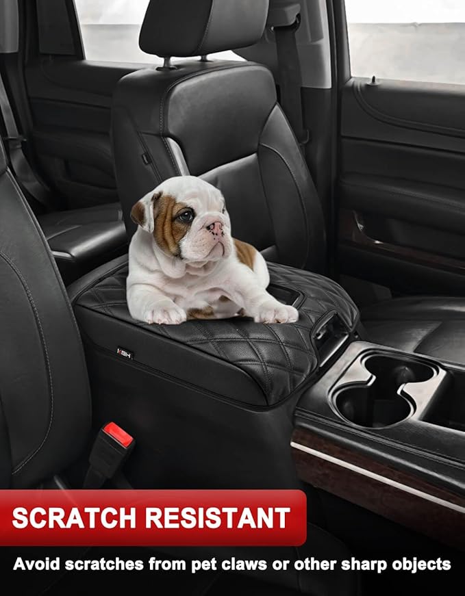 KBH Center Console Armrest Cover for Chevy Silverado & GMC Sierra 1500 2500 3500 2014-2018, Tahoe Suburban Yukon 2015-2020, Bucket Seat Console, Vinyl Leather, Black-Double Stitch