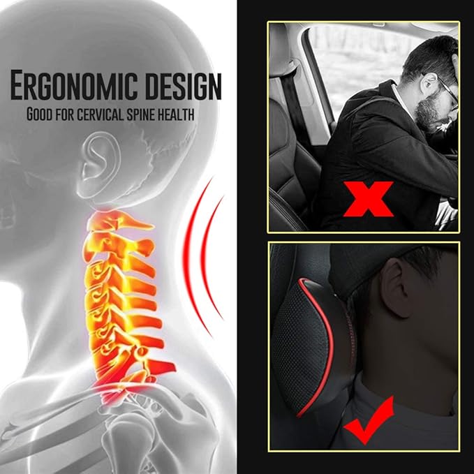 Car Leather Neck Pillows, Neck Rest Cushions,100% Memory Foam Cervical Support, Comfortable Travel car Seats and Home Office Soft Pillows, Red a Set (2 pcs)