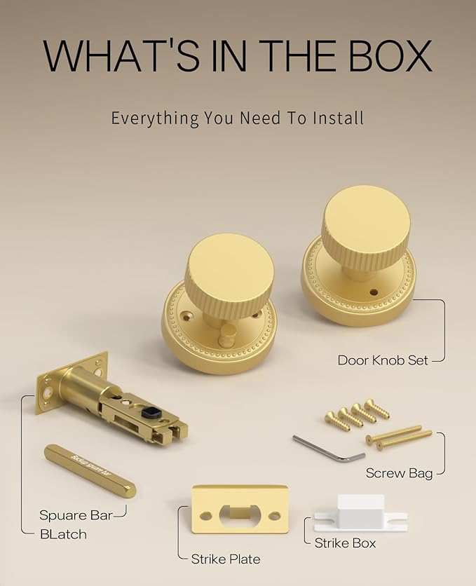 Asidrama 1 Pack Privacy Gold Door Knob with Lock, Brush Gold Door Knobs Interior for Bedroom or Bathroom, Heavy Duty Brush Gold Door Handle for Left Right Sided Doors