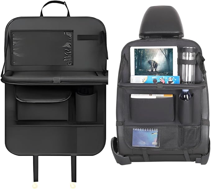 Car Backseat Organizer with Foldable Table Tray, 6 Storage Pocket Vehicle Seat Back Protector Kick Mat with Touch Screen Phone Holder, Auto Seat Organizer for Travel, Universal Fit (Black)