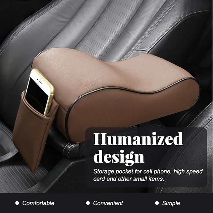 Car Center Console Cover, Soft Memory Foam Auto Arm Rest Pillow with Phone Holder Storage Bag, Waterproof Leather Armrest Seat Box Protector Comfy Cushion Pad for Most Cars (Coffee)