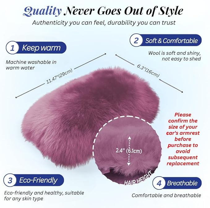 Andalus Brands Pure Australian Sheepskin Fluffy Car Center Console Cover, Luxurious Non-Shedding Furry Arm Rest Cover for Car, Versatile for All Seasons, Purple - (11.47" X 6.3")