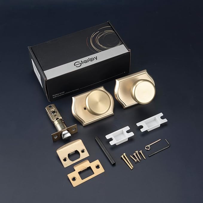 Interior Pismo Doorknobs for Hall, Gold Door Knobs with Camelot Trim, Satin Brass Door Knob with Lock
