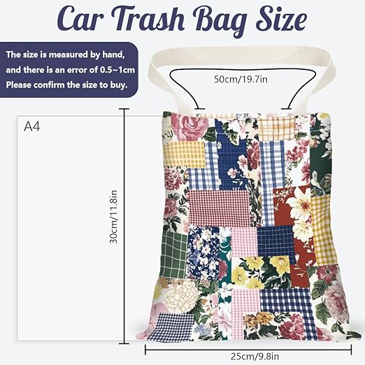 Floral Patch Print Car Trash Bag Hanging Garbage Bag with Snap Buttons Car-Back Seat Trash Storage Portable Dustbin for Men Women Car Interior Accessories Travel Camping