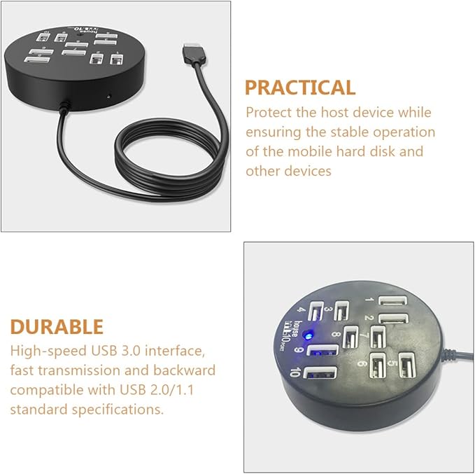 Housoutil USB Splitter 10 Port USB Hub Laptop Accessory Data Dock Station Easy Connection Cable