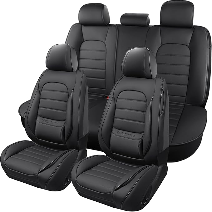 Car Seat Covers Full Set, 5Pcs Universal Leather Seat Covers for Cars, Waterproof Front and Rear Seat Covers Breathable Automotive Vehicle Seat Cover for Most Trucks, SUVs, Sedans, Black