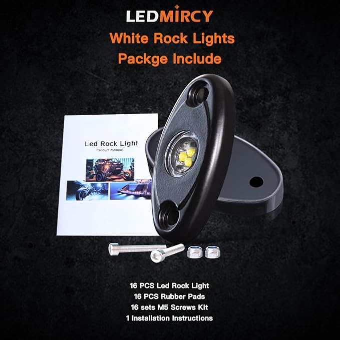 LEDMIRCY R1 LED White Rock Lights 16PCS for Off Road Truck RZR ATV SUV Auto Car Boat Underglow Trail Rig Lights Underbody Neon Light High Power Waterproof Shockproof(16PCS,White)
