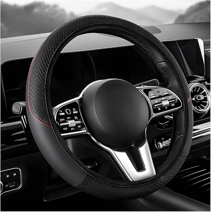 Car Steering Wheel Cover, 15 inch Carbon Fiber Microfiber Leather Elastic Steering Wheel Protector, Breathable Anti-Slip Comfortable Steering Wheel Covers for Most Cars (Black, AD)