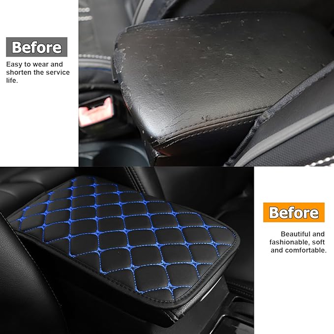 HZEL Car Center Console Cushion Pad, PU Leather Vehicle Armrest Protection Cover, Waterproof Automotive Interior Arm Rest Seat Box Mat Accessories, Universal for SUV, Sedan, Truck (Black/Blue)