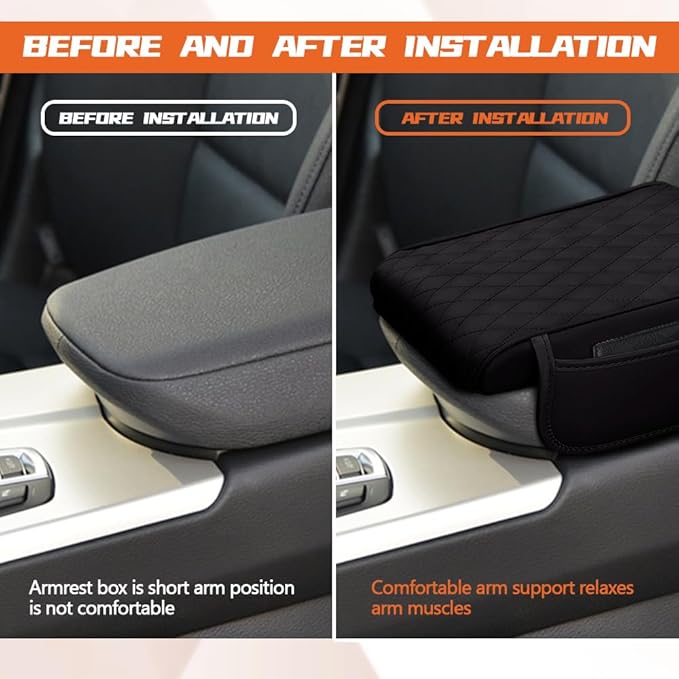 Car Center Console Cover, Napa Leather Car Armrest Cushion with Side Pockets, Memory Foam Auto Armrest Seat Box Mat, Universal Interior Armrest Protective Cover Accessories for Most Vehicle