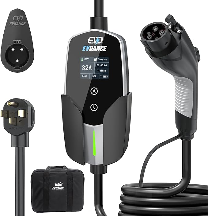 EVDANCE Level 2 EV Charger - Portable 32A EV Chargers NEMA 14-50 with 25ft Cable, Adjustable Current/Delay Charging for Electric Car Charger