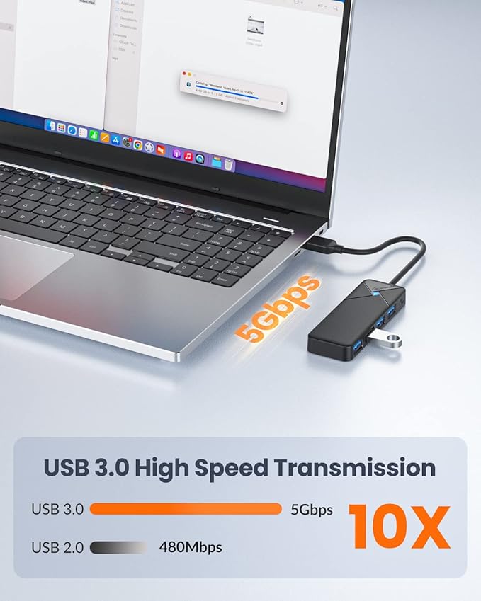 GiGimundo 4-Port USB Hub for Laptop, USB Hub Multiport Adapter 5Gbps Transfer, USB Splitter for Laptop, MacBook Pro/Air, iPad Pro, Dell, Chromebook, Keyboard, Mouse, HDD, Black