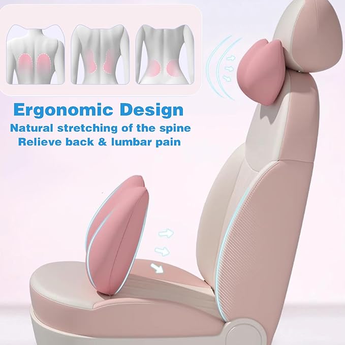 Lumbar Support Pillow for Car/Office Chair, Memory Foam Back Cushion for Car Seat, Lower Back Pillow Fits Most Cars, Trucks, with Adjustable Strap and Washable Cover, Back Pain Relief,Pink