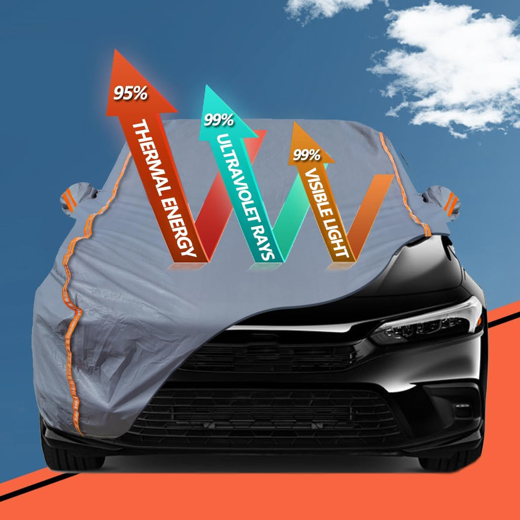 TUCAREST 6-Layers PEVA Premium Full Car Cover Fit for Pickup Sedan hatchback SUVs MPV Rain and snow protection, sun protection, UV protection, and protection of car paint surfaces-Silver Grey -Up 220"