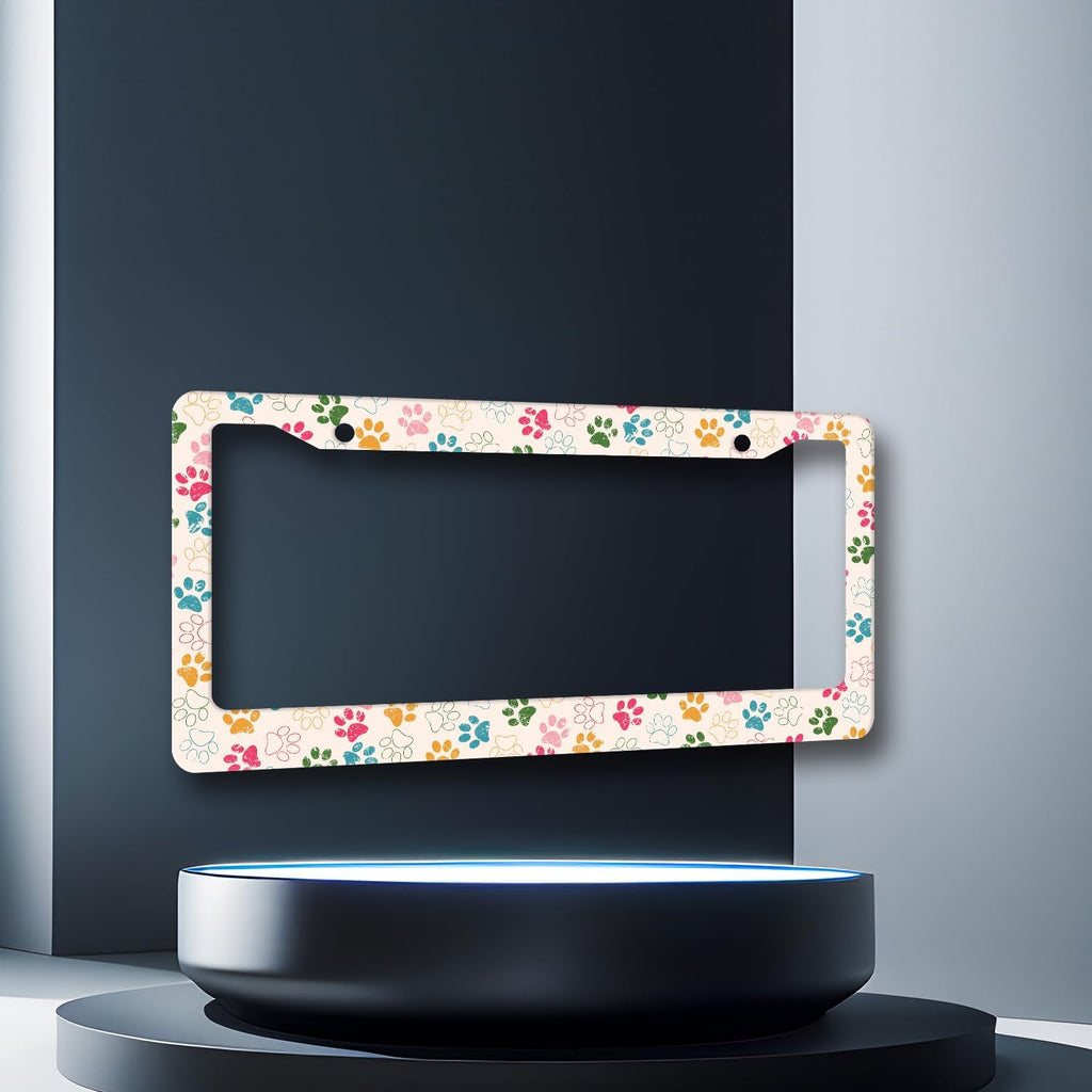 Colorful Dog Paws License Plate Frame Animal Dogs License Plate Holder Stainless Steel Funny Design with 2 Holes and Screws 12.3" x 6.3"