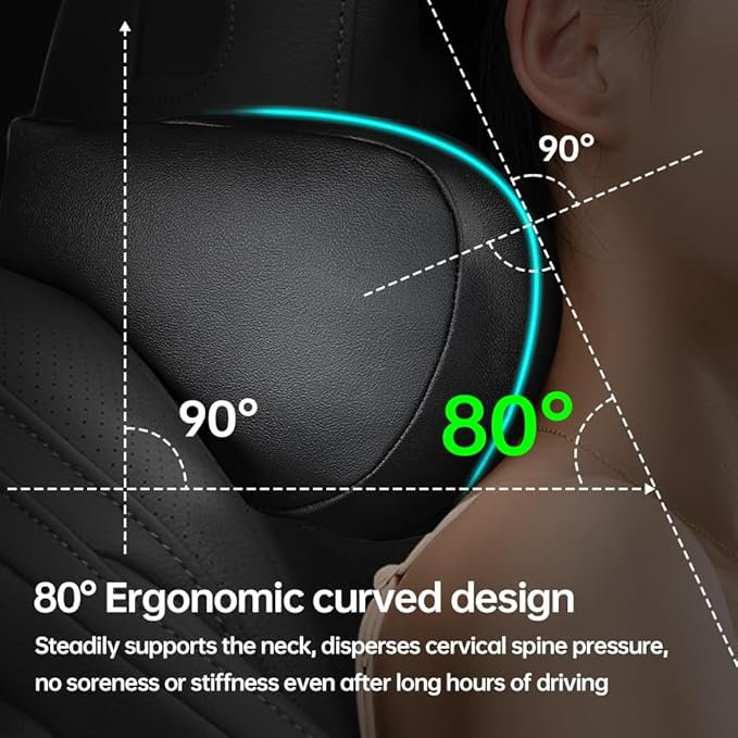 Car Neck Pillow, headrest, Cushion. Three-Point fit to the Neck Curve, Stable Support for the Cervical Spine, relieves Neck Soreness. Perforated PU Leather with high Breathability, Durable 1P（Black）