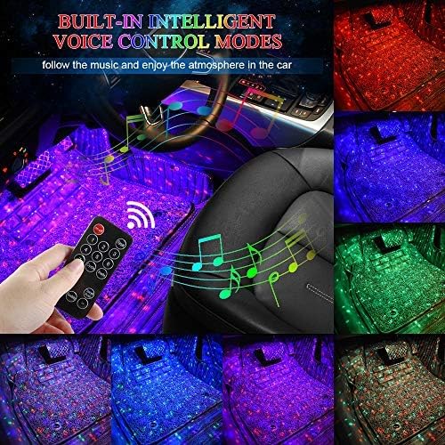Teguangmei Car Interior Ambient Lights,4Pcs 12LED USB Plug-in RGB Multicolor Star Atmosphere Lights for Car Carpets Under Dash LED Accent Lighting Kit with Sound Active and Remote Control DC 5V