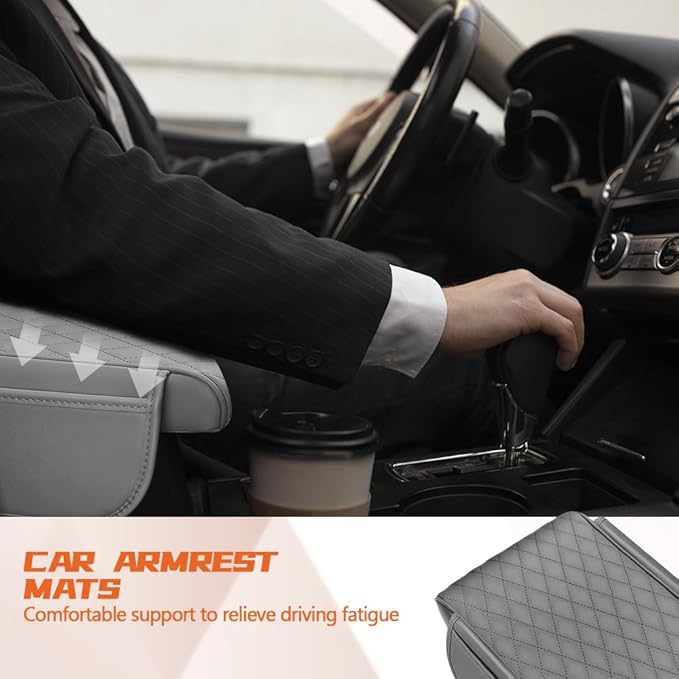 Car Center Console Cover, Napa Leather Car Armrest Cushion with Side Pockets, Memory Foam Auto Armrest Seat Box Mat, Universal Interior Armrest Protective Cover Accessories for Most Vehicle