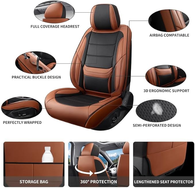Car Seat Covers Full Set Custom Fit for Pontiac Vibe 2003-2010-Luxury Leather with Lumbar Support, Breathable, Waterproof, Anti-Slip, Durable, Easy to Install (BlackBrown,Full Set)