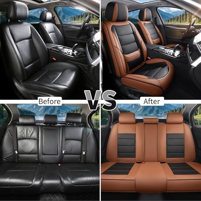 Car Seat Covers Custom Fit for Chevrolet/Chevy Volt 2010-2019 , Premium Faux Leather Waterproof Car Seat Protectors with Lumbar Support, Breathable Anti-Slip Easy to install(Black&Brown,Full set)