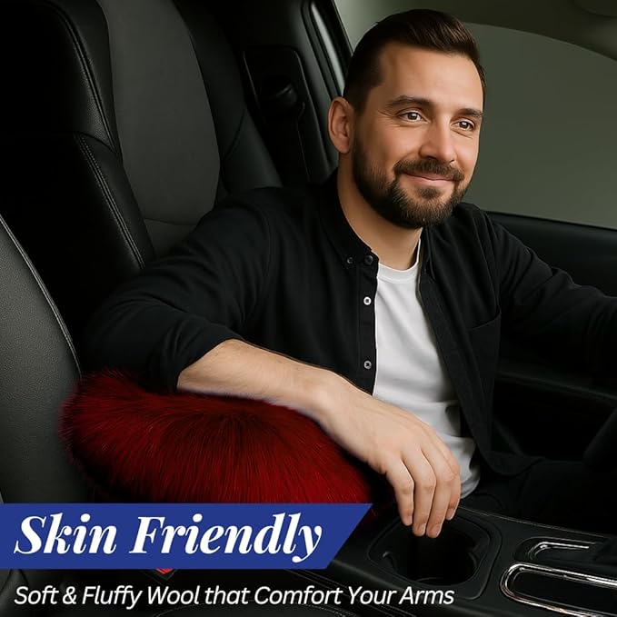 Andalus Brands Pure Australian Sheepskin Fluffy Car Center Console Cover, Luxurious Non-Shedding Furry Arm Rest Cover for Car, Versatile for All Seasons, Dark Red - (11.47" X 6.3")