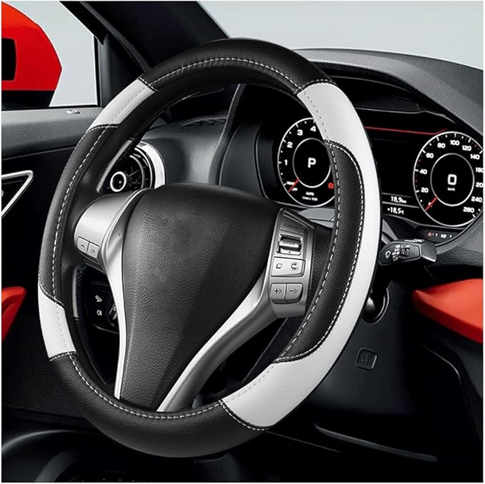 BELOMI Leather Car Steering Wheel Cover, Universal 15 Inch for Car Truck SUV, Non-Slip and Breathable, Sport Style Design Odorless Steering Wheel Protector, Automotive Interior Accessories (White)
