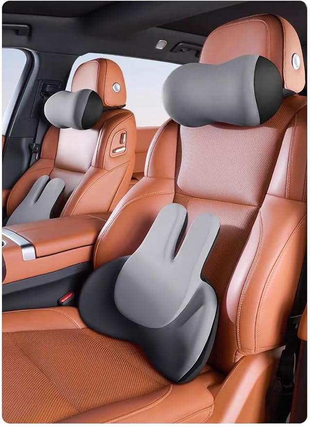 Cute Bunny Car Seat Cushion Set - Lumbar Support Pillow & Neck Pillow for Women Drivers, Ergonomic Back Comfort for Long Drives, Adorable Rabbit Design Car Accessories (Gray)