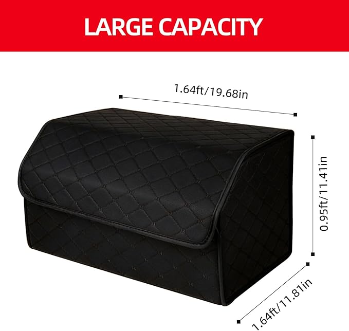 2Pack Leather Trunk Organizer for SUV & Sedans - Extra Large Foldable Car Storage Box with Lid, Adjustable Removable Dividers and Carry Handle, Collapsible Auto Cargo Organizer Black