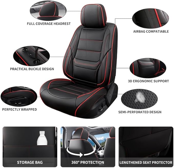 Car Seat Covers Full Set Custom Fit for Ford Escape 2001-2025 2026-Luxury Leather with Lumbar Support, Breathable, Waterproof, Anti-Slip, Durable, Easy to Install (Black&Red,Full Set)