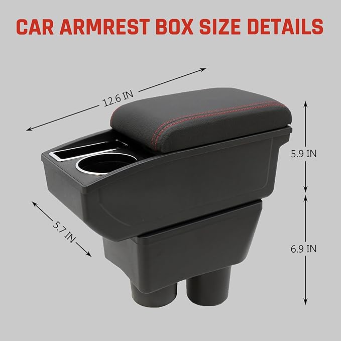 Car Armrest Box for Nissan Almera Versa 2012-2019 Auto Accessories Center Console Leather Arm Rest Double-Layer Storage Space with Cup Holder (Red Thread)