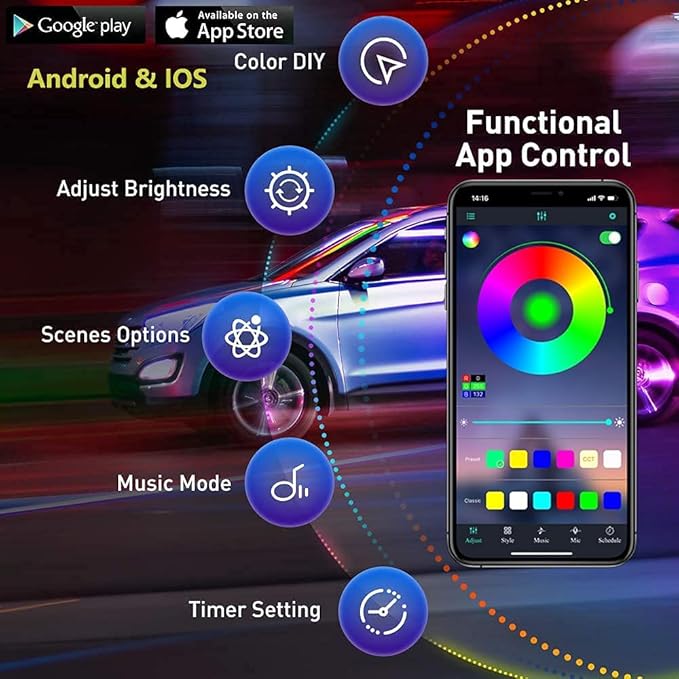 Underglow Kit for Car, Led Underglow Lights with App and Remote Control, 16 Million RGB Colors, 29 Preset Modes, Music & DIY Mode, Under Car Led Lights Exterior for SUVs, Trucks, DC 12V