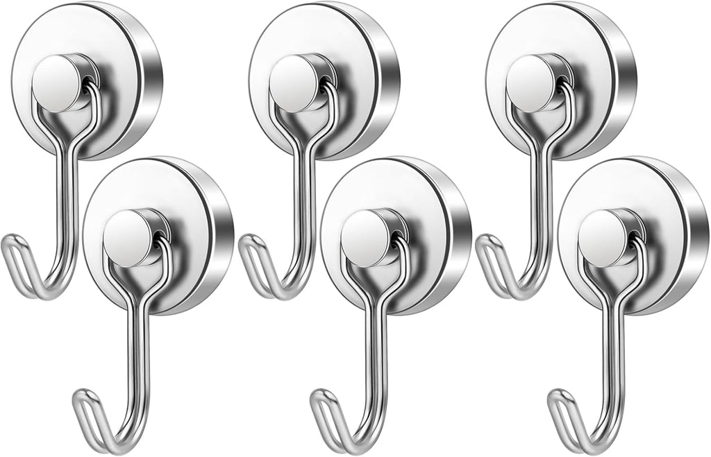 FINDMAG Magnetic Hooks, 60lbs+ Magnetic Hooks for Cruise Ship Essentials, Rare Earth Magnet Hooks Heavy Duty for Hanging, Magnetic Hanger for Garage, Grill, Fridge, Toolroom, Workplace, 6 Pack, Silver