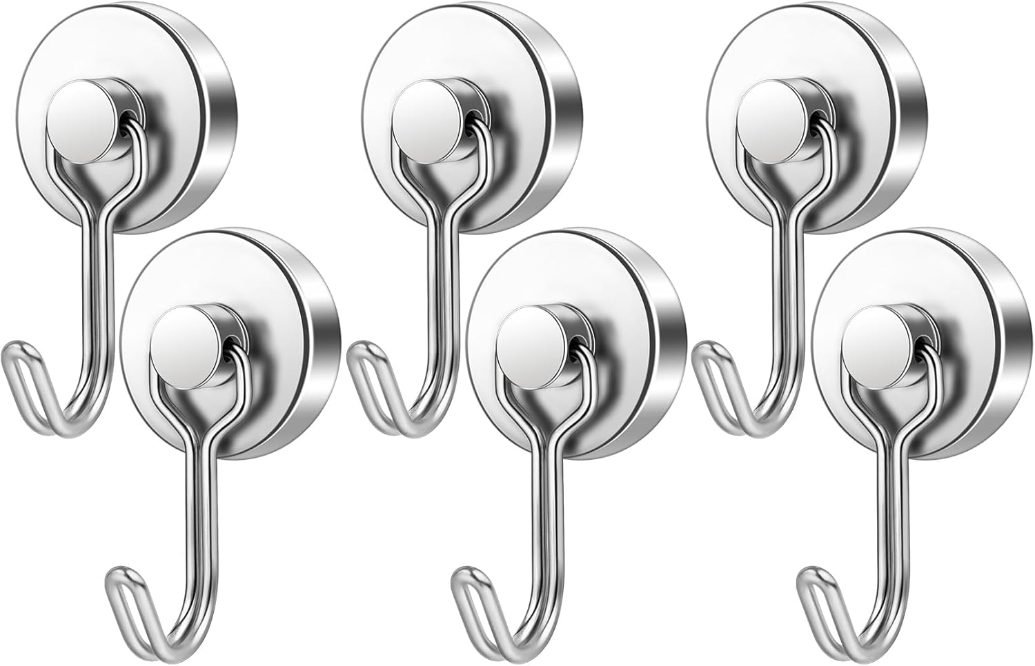 FINDMAG Magnetic Hooks, 60lbs+ Magnetic Hooks for Cruise Ship Essentials, Rare Earth Magnet Hooks Heavy Duty for Hanging, Magnetic Hanger for Garage, Grill, Fridge, Toolroom, Workplace, 6 Pack, Silver