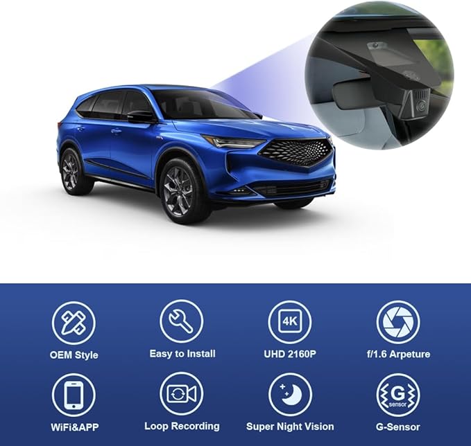 Fitcamx 4K Dash Cam Suitable for Acura MDX 2022 2023 2024 with Auto Dimming (4th Gen), OEM Factory Look, UHD 2160P Video, Built-in WiFi & APP, Loop Recording, G-Sensor, Easy to Install, 64GB Card
