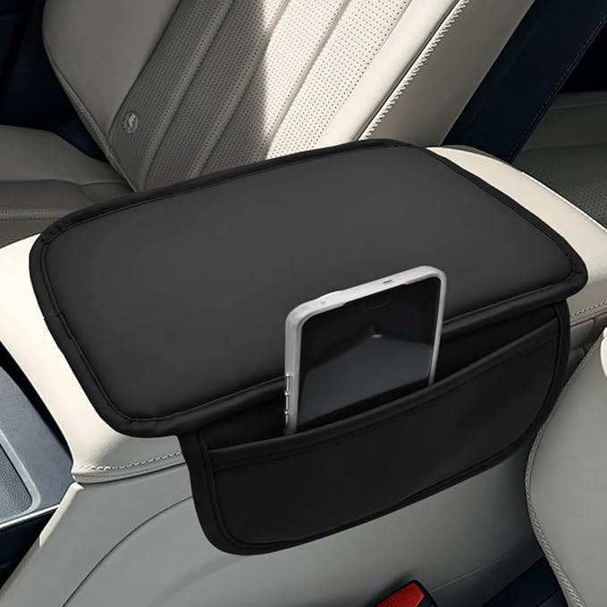 Car Center Console Cover, Leather Waterproof Auto Arm Rest Pad with Storage Bag, Scratch Resistant Middle Console Protector, Comfortable Vehicle Interior Accessories for Sedan SUV (Black)