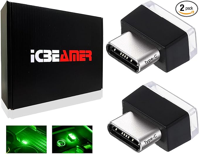 ICBEAMER Type C Adapters Atmosphere Light 1-Pack (Green) | Universal Plug-in Miniature LED Night Light for Car Interior and Trunk Ambient Illumination