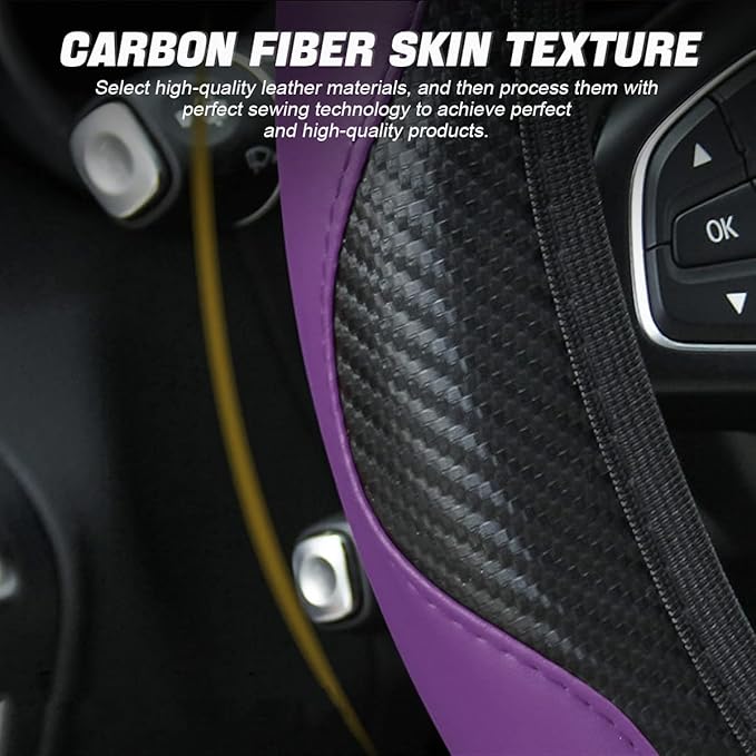 Car Steering Wheel Cover, Microfiber PU Leather Elastic Carbon Fiber Auto Steering Wheel Protector, 15 Inch Breathable Anti-Slip for Women Men, Car Interior Accessories for Most Cars (Black/Purple)