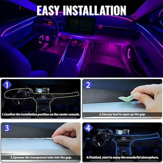 Ambient Lighting Car Led Lights Interior Kit,2PCS 43.3 inches Dream Color Acrylic Led Strips Lights for Car Interior Dashboard,DC 12V Fiber Optic Music Sync Neon Ambiance Lighting with Wireless APP