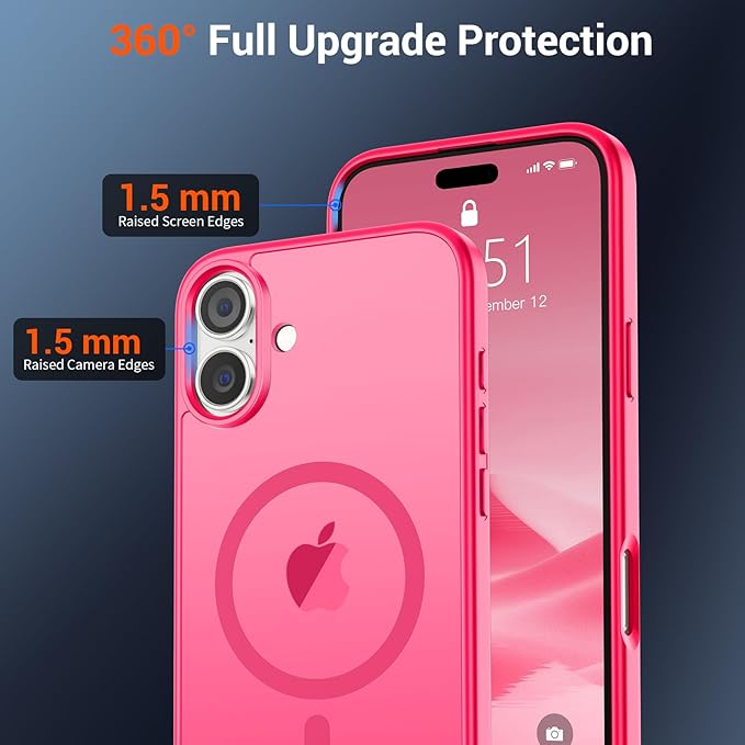 SUPFINE Magnetic for iPhone 16 Plus Case(Compatible with MagSafe) (Military Grade Drop Protection) Slim Translucent Matte Shockproof with Anti-Fingerprint Phone Case,Hot Pink