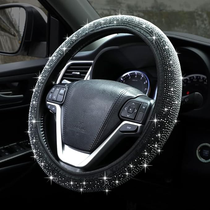 Bling Steering Wheel Cover, Crystal Rhinestone Diamond Steering Cover Universal Fit 15 inch Car Steering Wheel Protector for Women & Girl (Black)