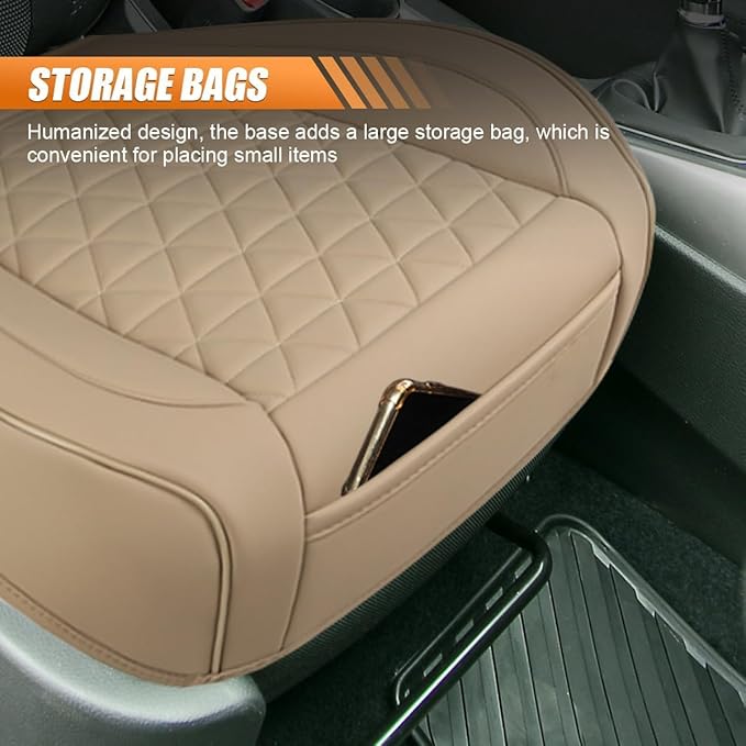 Luxury Faux Leather Car Seat Cover, Anti-Slip Waterproof Universal Front Bottom Seat Protector with Storage Pocket, Triangular Pattern Vehicle Seats Cushion for Sedans, SUVs, Trucks (2PCS&Beige)