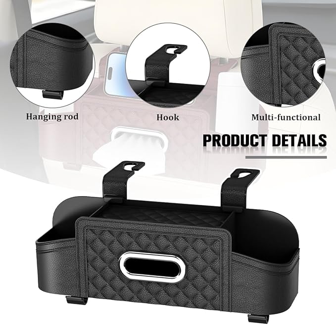 Car Backseat Organizer, 4-in-1 Multifunctional Vehicle Seat Back Tissue Box with Cup Holder & Hook, Automotive Backseat Hanging Storage Box for Bag Phone Drink, Universal for Vehicles (Black)