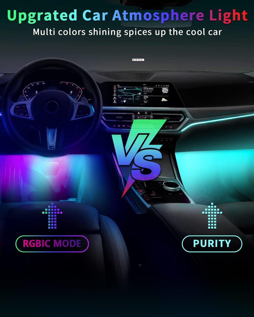 72LED USB Interior Strip Lights Dream Color RGB-IC 12V DC with App RF Remote Control Multicolor Footwell Under Dash Chasing Inside Light Kits Music Sync Mode for Cars Truck ATV UTV with Car Charger