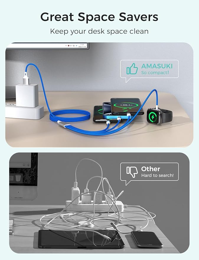 Amasuki Travel Essentials,4 in 1 for Apple Watch Charger/iPhone Charger/Multi Charging Cable,Vacation RV Camping Essentials,USB C/L/Micro Portable Charger for iWatch 11-1/iPhone 17-12,Car&Gift-Blue