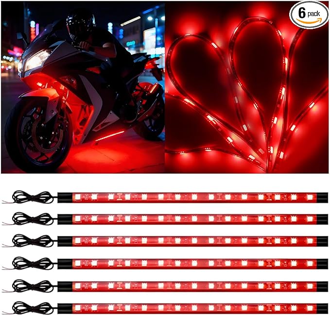 Motorcycle RGB LED Light Kit, 6PCS DC 12V Waterproof Motorbike Underglow Strip Lights Kit, Golf Cart Exterior Ground Effect Atmosphere Lamp, Universal for SUV RV Truck (Red)