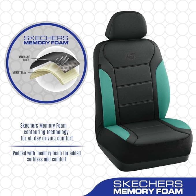 Skechers Memory Foam Car Seat Covers,Fabric Car Seat Protection Thick Memory Foam, Seat Cover for Cars Airbag Compatible, Automotive Comfort Protection for Most Cars,Trucks, SUVs,Green