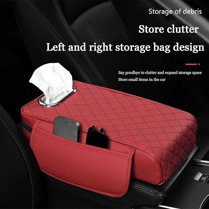 Car Center Console Cover for Fiat 500L (Type 330) 2012-2021, Leather Car Arm Rest Cover, Car Armrest Cushion with 2 Storage Bags Car Center Console Armrest Pad, F Red